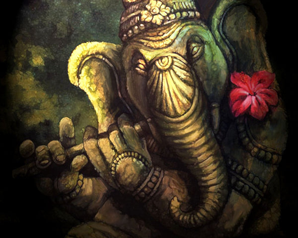 Ganapati Vinayak Playing Flute - Ganesha Painting Collection - Canvas Prints