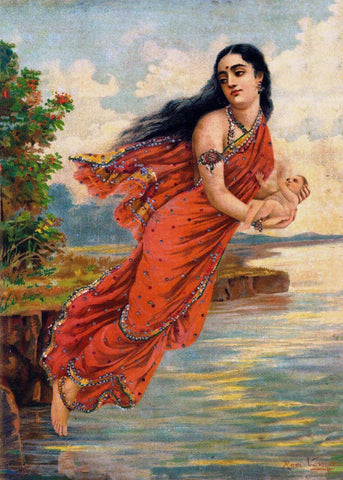 Ganga And Bhishma - Raja Ravi Varma - Indian Masters Oleograph Painting - Posters by Raja Ravi Varma