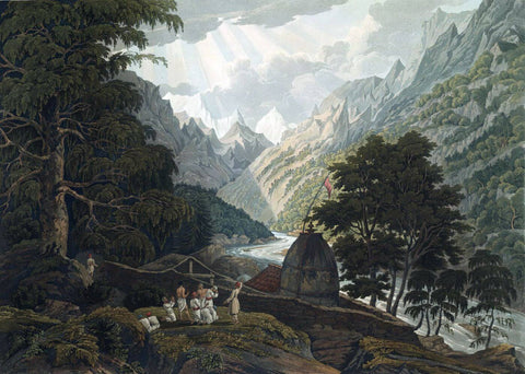 Gangotri - Source of the River Ganges - James Baillie Fraser - c 1826 Vintage Orientalist Aquatint Painting of India by James Baillie Fraser