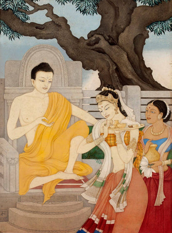 Gautam Buddha With Sujata - Rama Mukherji - Bengal School Art Painting - Life Size Posters by Rama Mukherji