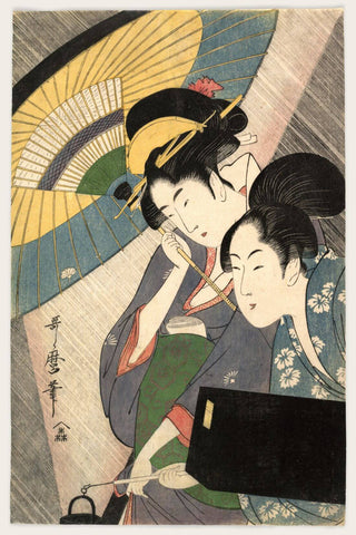 Geisha And Attendant On A Rainy Day - Kitagawa Utamaro - Ukiyo-e Woodblock Print Art Painting - Posters by Kitagawa Utamaro