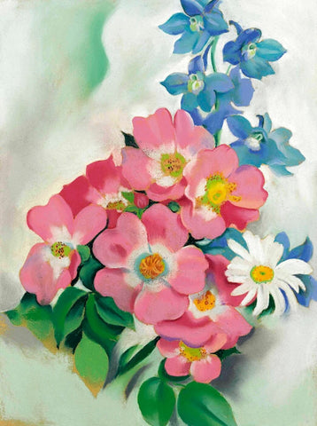 Pink Roses And Larkspur - Georgia O'Keeffe - Framed Prints