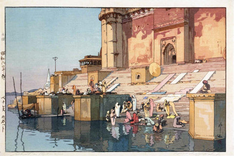 Ghat In Benaras - Yoshida Hiroshi - Vintage 1931 Japanese Woodblock Ukiyo-e Prints of India - Life Size Posters by Hiroshi Yoshida