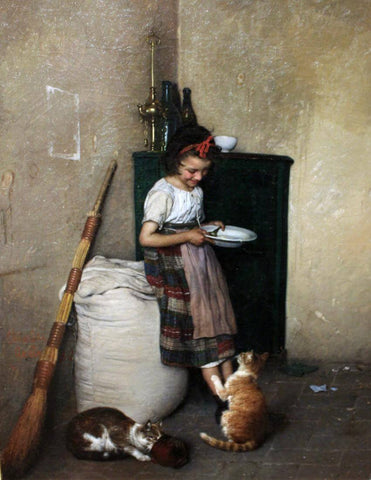 Girl Feeding Her Pets - Gaetano Chierici - 19th Century European Domestic Interiors Painting - Posters