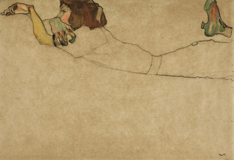 Girl Reclining On Her Stomach - Egon Schiele - Expressionist Art Painting by Egon Schiele