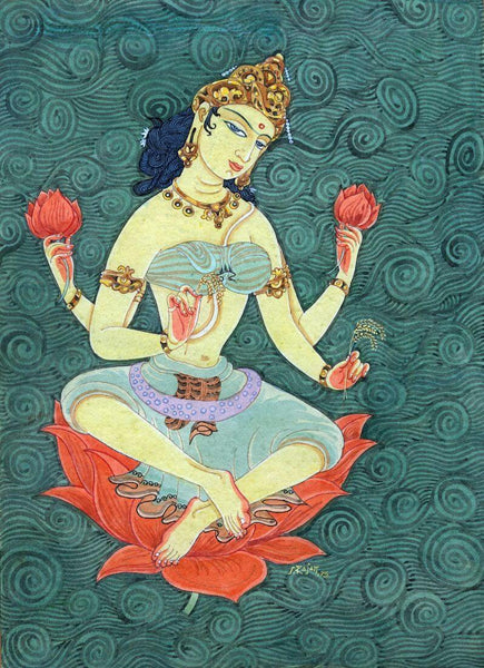 Goddess Dhanyalakshmi (One Of Ashtalakshmi - With Grains In Her Hand) - Indian Painting - Large Art Prints