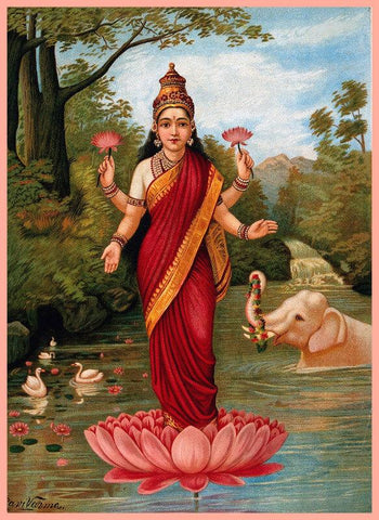 Goddess Lakshmi - Oleograph Print - Raja Ravi Varma - Indian Painting - Life Size Posters by Raja Ravi Varma