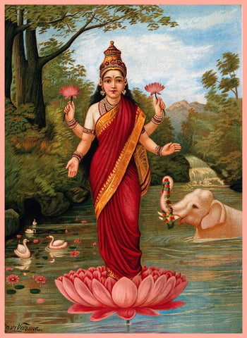 Goddess Lakshmi - Oleograph Print - Raja Ravi Varma - Indian Painting by Raja Ravi Varma