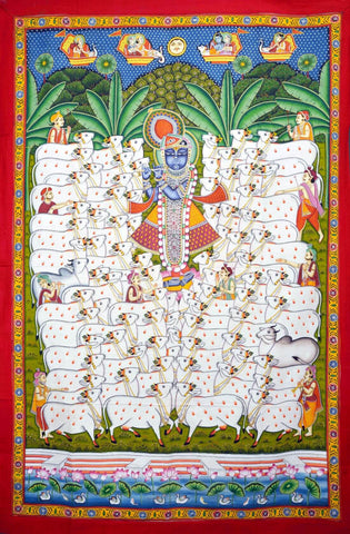 Gopashtami Shrinathji With Cows -  Krishna Pichwai Painting - Life Size Posters by Krishna Pichwai
