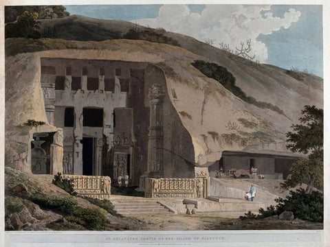 Great Chaitya Temple on the island of Salsette Maharashtra - William Daniell - Vintage Orientalist Aquatint of India c1800 - Large Art Prints