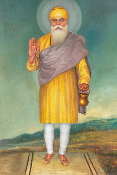 Guru Nanak Dev Ji with Hand Raised in Blessing - Indian Sikh Art Painting - Life Size Posters