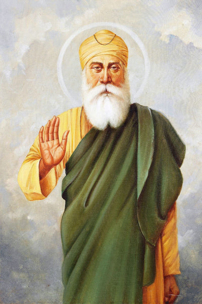 Guru Nanak Dev Nimbate with Hand Raised in Blessing - Indian Sikhism Art Painting - Large Art Prints