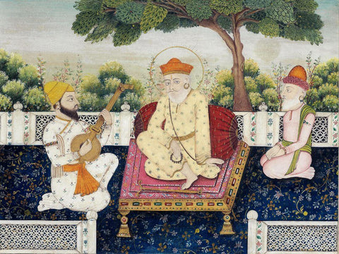 Guru Nanak With Bala And Mardana Punjab - Early 19th Century - Indian Vintage Miniature Sikh Painting - Large Art Prints by Akal