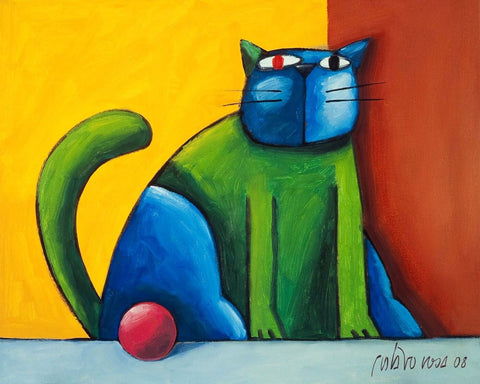 Green And Blue Cat With Pink Ball by Gustavo Rosa