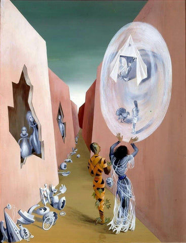 Gypsy and Harlequin (Cigano e Arlequim) - Remedios Varo - Surrealist Painting by Remedios Varo