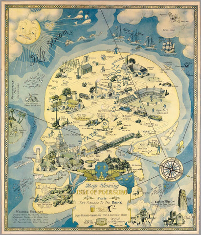 H.J. Lawrence, - Map Showing Isle of Pleasure (Satire of Prohibition) 1931 (Bar Art) - Art Prints by H.J. Lawrence