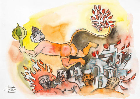 Hanuman (Setting Lanka On Fire) - Maqbool Fida Husain - Ramayan Painting - Canvas Prints