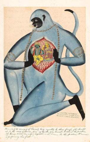 Hanuman Shows Sita Ram In His Heart - Ramayan - Kalighat Painting c1860 - Vintage Indian Miniature Painting - Posters by Kritanta Vala
