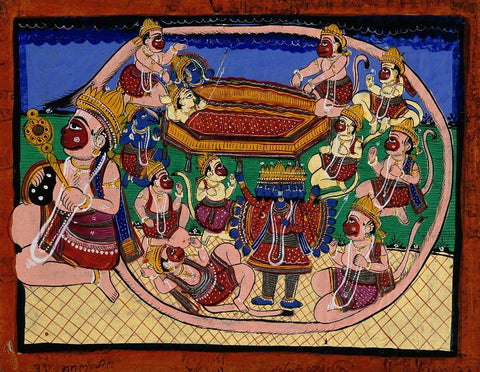 Hanuman kneeling with tail encircling Rama and Sita - Posters