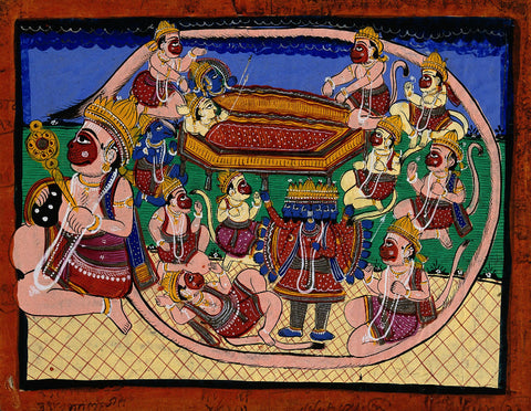 Hanuman kneeling with tail encircling Rama and Sita by Raghuraman