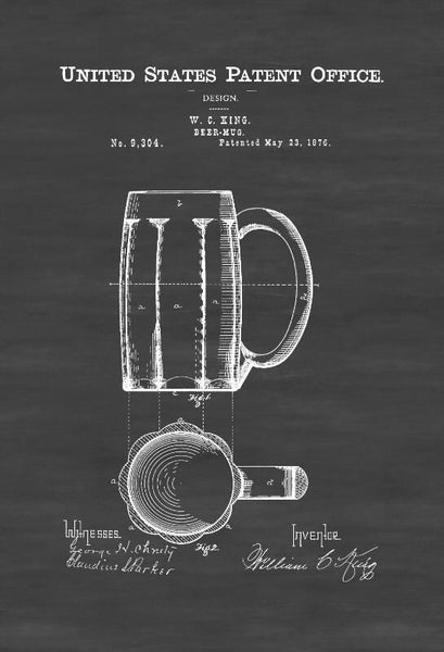 Home Bar Wall Decor - Beer Mug Patent 1876 - Art Prints