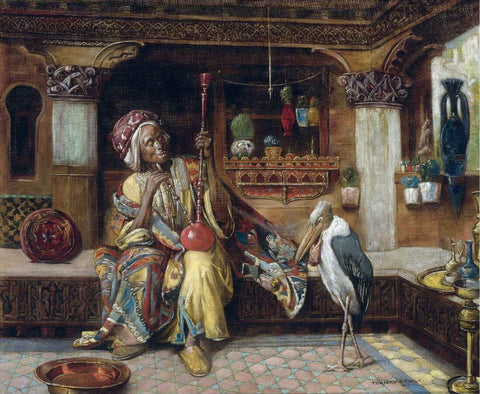Hookah Smoker With Marabou - Tornai Gyula - Orientist Art Painting - Canvas Prints by Gyula Tornai