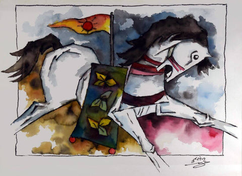 Horse Watercolor - Maqbool Fida Husain - Framed Prints