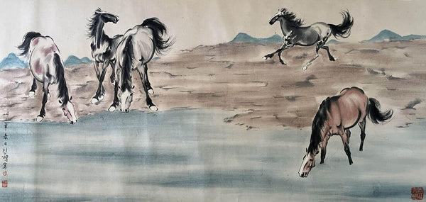 Horses Drinking Water - Xu Beihong - Chinese Art Painting - Life Size Posters