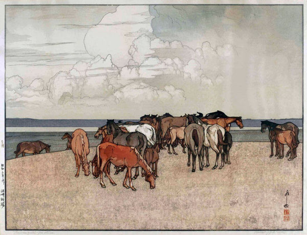 Horses In A Pasture - Yoshida Hiroshi - Japanese Ukiyo-e Woodblock Print Art Painting - Life Size Posters