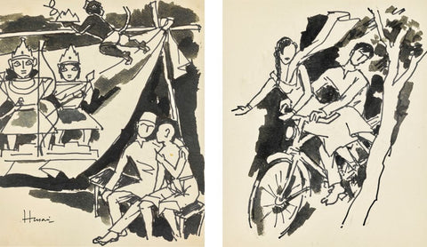 Couple On Bicycle by M F Husain
