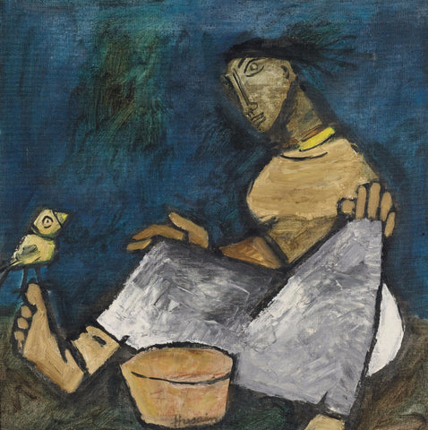 Woman At Work - Canvas Prints by M F Husain