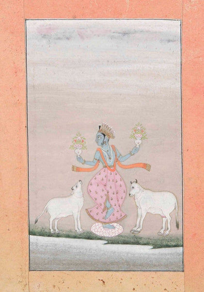 Krishna Flanked by Two Cows - Deccan Painting - Indian Miniature - Canvas Prints
