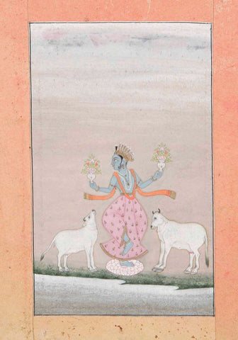 Krishna Flanked by Two Cows - Deccan Painting - Indian Miniature by Krishna Artworks