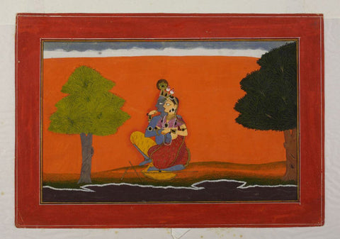 Radha Krishna on the Banks of Yamuna - Pahari Painting - Indian Miniature Painting - Art Prints