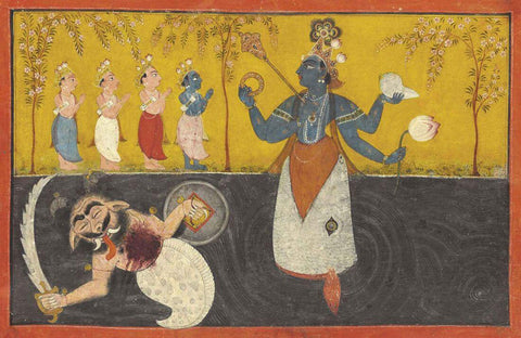 The Matsyavatara of Vishnu , CA. 1700 - Indian Miniature Art - by Krishna Artworks