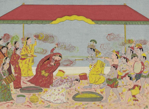 Krishna and Radha Playing Holi - Pahari School - Indian Miniature Art - Posters