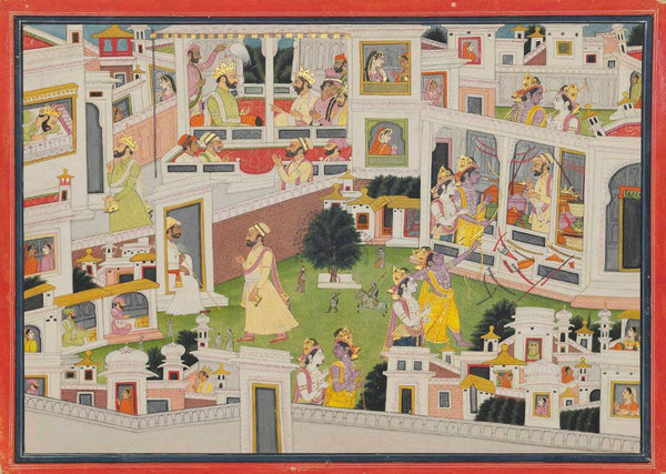 Krishna Breaks The Bow Of Kamsa At Mathura - Pahari Painting - Indian Miniature Art - Canvas Prints