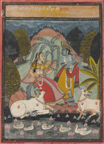 Krishna Playing Flute - Rajasthani Painting - Indian Miniatiure Painting - Life Size Posters