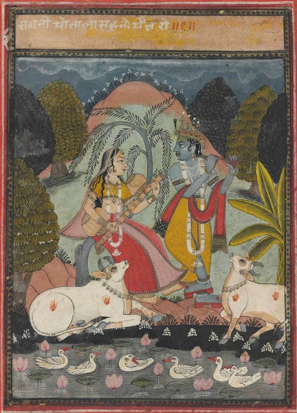 Krishna Playing Flute - Rajasthani Painting - Indian Miniatiure Painting - Canvas Prints