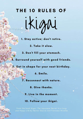 Ikigai ???? - 10 Rules For A Long An Happy Life - Japanese Concept Motivational Poster - Art Prints