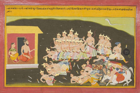 Illustration From The Book Of Youth : Battle For The Wish Fulfilling Cow - C.1720 -  Vintage Indian Miniature Art Painting by Miniature Vintage