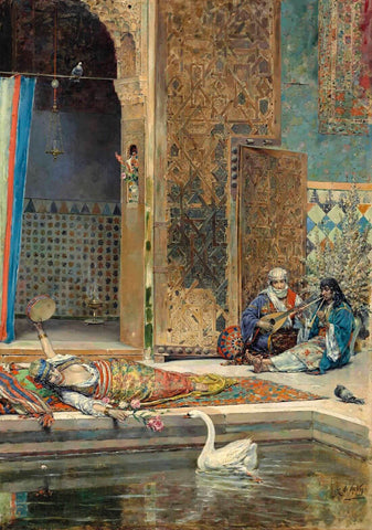 In The Courtyard Of The Alhambra Grand Palace - Joaquin Martinez Vega - Orientalist Art Painting - Framed Prints
