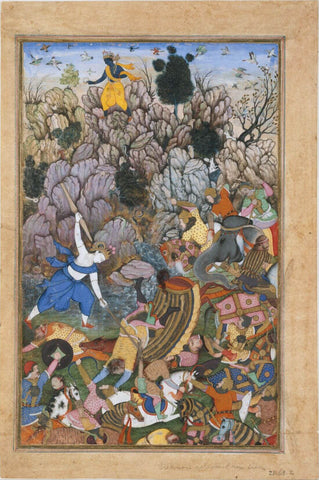 Balram And Krishna Fighting the Enemy - Mughal Painting - Indian Miniature Art by Krishna Artworks