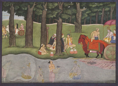 Akura Meditating In The Water Has Krishna Revealed - Kangra School - Indian Miniature Painting - Art Prints by Miniature Art