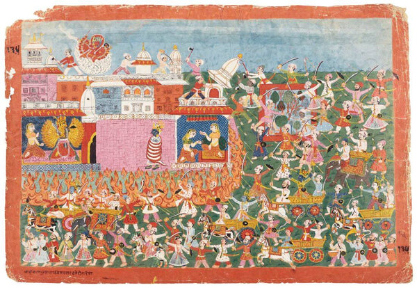 An Illustration From The Bhagavata Purana Krishna Rescues Aniruddha From Banusara - Mewar painting - Indian Miniature Painting - Canvas Prints
