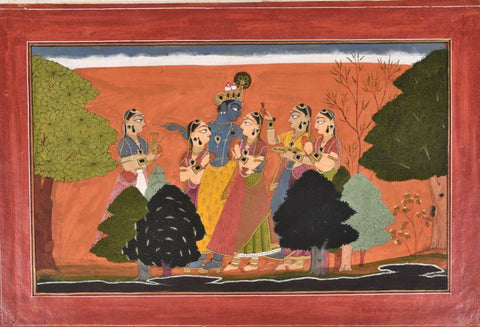Krishna Dallying With Cowherd Maidens - Pahari Painting - Indian Miniature Painting - Framed Prints
