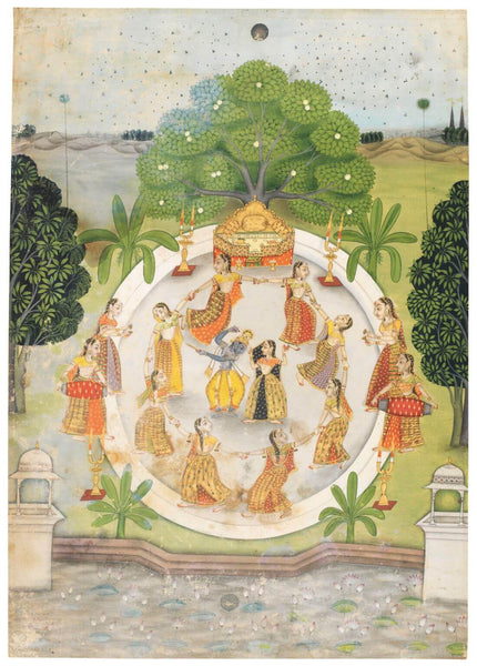 A Painting Of Krishna And Radha Dancing (Rasamandala) - Rajasthani Painting - Indian Miniature Painting - Canvas Prints