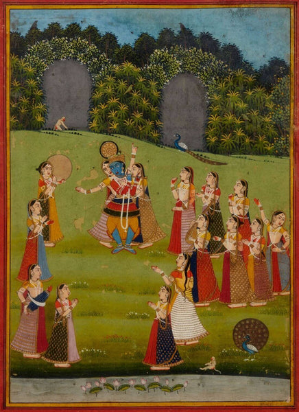 Krishna Playing The Flute With Gopis And Peacock - Rajasthani Painting - Indian Miniature Painting - Life Size Posters