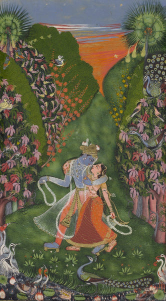 Indian Art - Krishna Colletion - Rajasthani painting - Krishna and radha walk in a flowering groove - Framed Prints