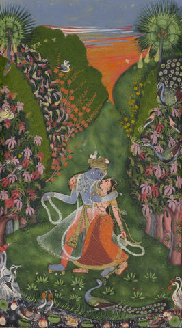 Indian Art - Krishna Colletion - Rajasthani painting - Krishna and radha walk in a flowering groove - Art Prints